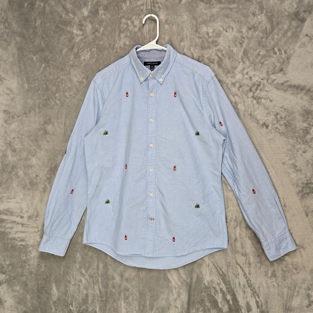 Tommy Hilfiger Mens M Atherton Camp Lanterns Cabin Embroidered Button Shirt Blue